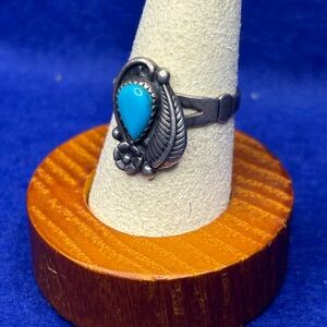Turquoise Teardrop Floral Sterling Silver Ring - Blue Stone